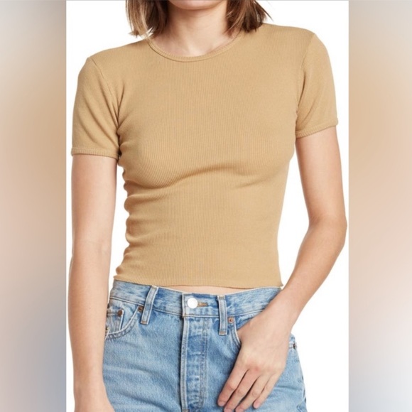 Redone Hanes 90’s Cap Sleeve T-Shirt Ribbed Crew Neck Sand Beige Baby - Picture 6 of 6